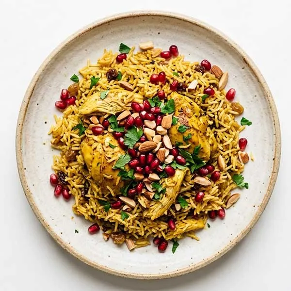 Saffron-Infused Chicken Quzi with Pomegranate Arils